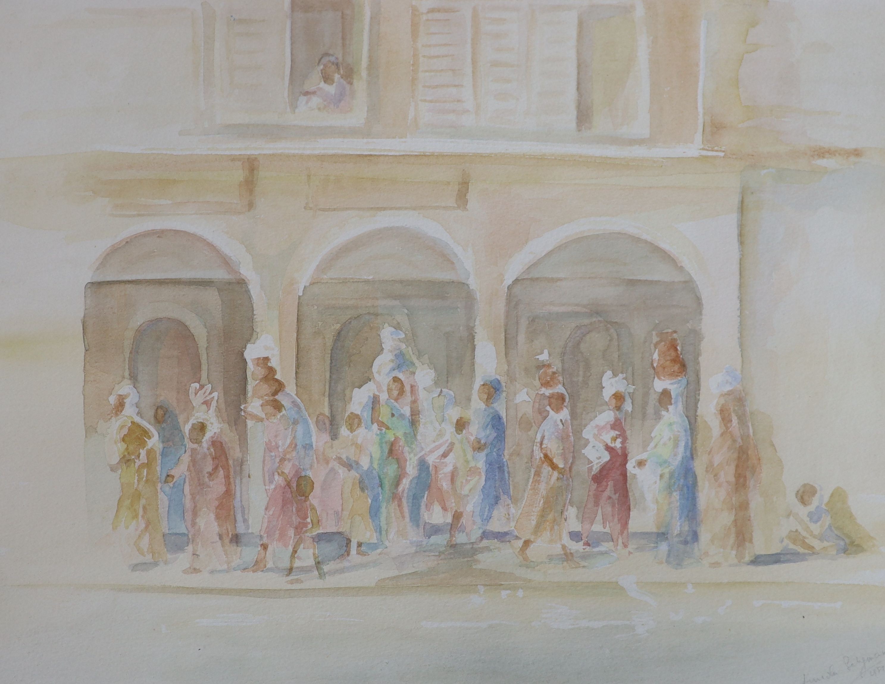 Lincoln Seligman (b.1955), watercolour, Italian street scene with water carriers, signed and dated 1981, 33 x 42cm